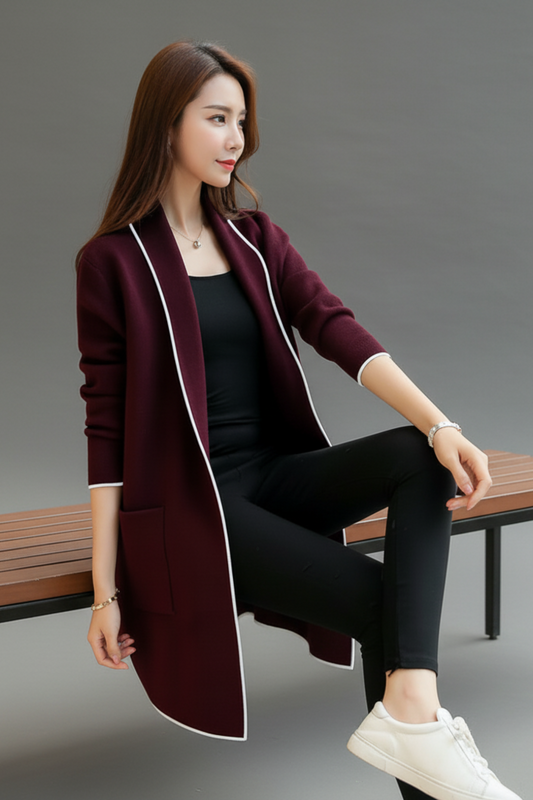 Women’s Wine Red Lapel Long Fleece Coat – Elegant Casual Outerwear (Copy)