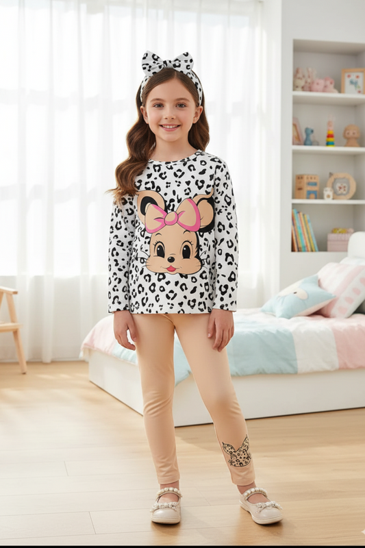 Girls Cartoon Bow Outfit Set – 2 Pcs (Top + Pants)