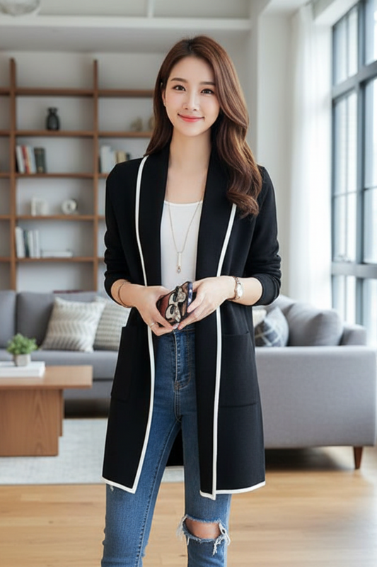 Women’s Black Lapel Long Fleece Coat – Elegant Minimalist Outerwear