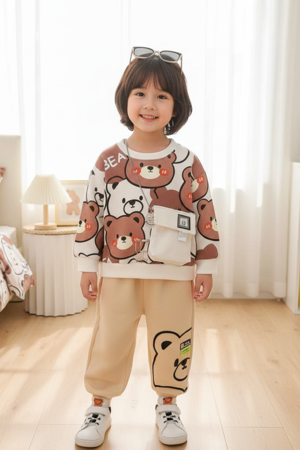 Cute Bear Printed Winter Outfit for Kids | Warm Double Fleece Set