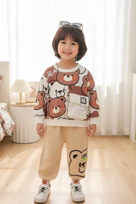 Cute Bear Printed Winter Outfit for Kids | Warm Double Fleece Set