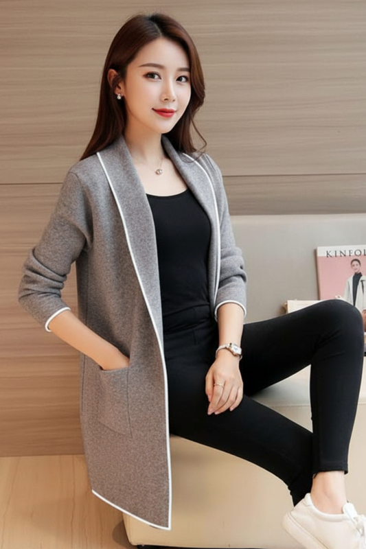 Women’s Grey Lapel Long Fleece Coat – Stylish Everyday Comfort