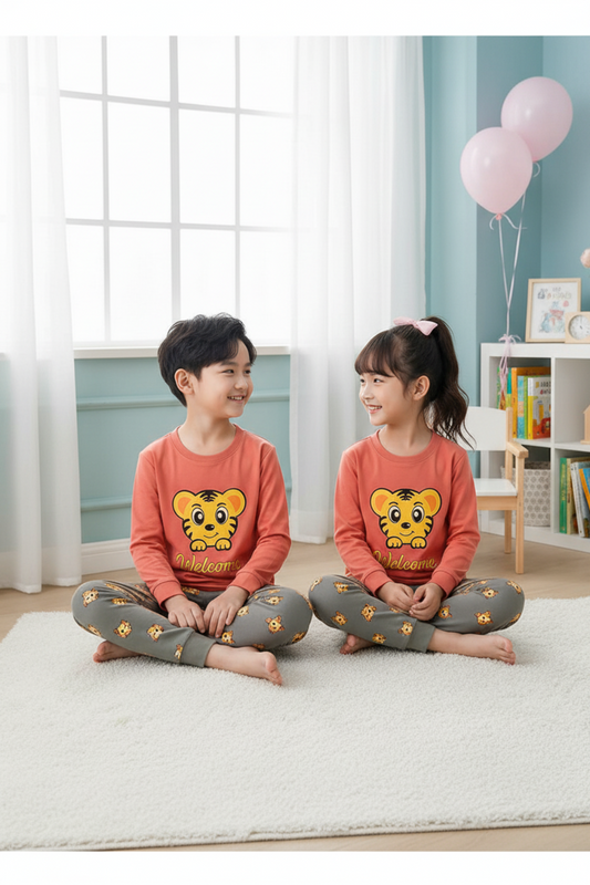 Kids Cartoon Tiger Pajama Set – Red & Grey