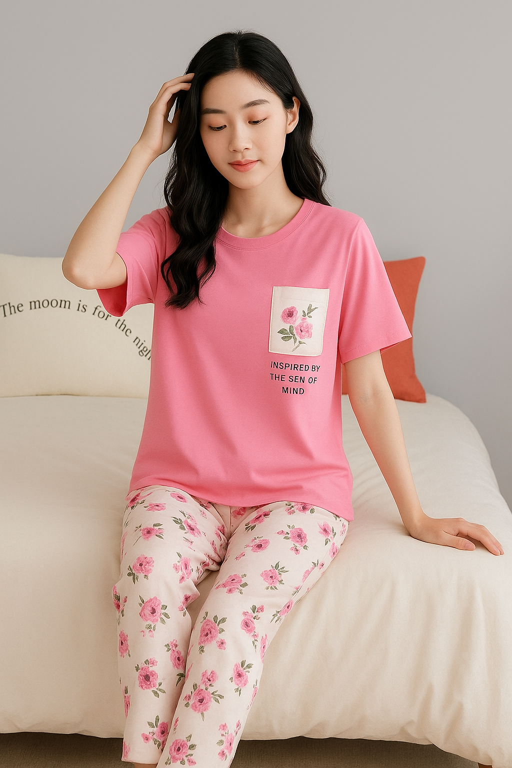 Floral Print Pajama Set – Pink Top with White Floral Pants - Al SafouhStore