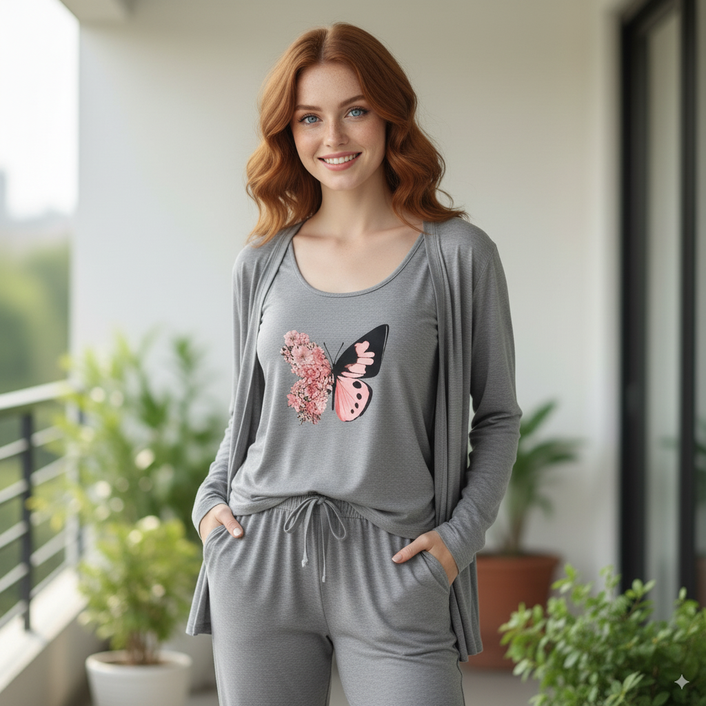 Summer Cotton 3PC Night Suit – Butterfly Print
