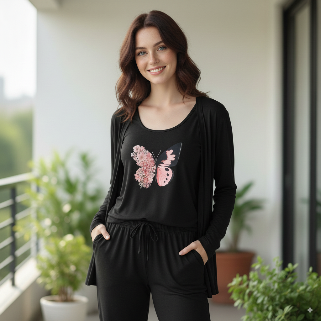 Summer Cotton 3PC Night Suit – Butterfly Print