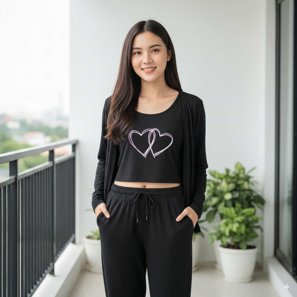 Heart Print 3pc Night Suit