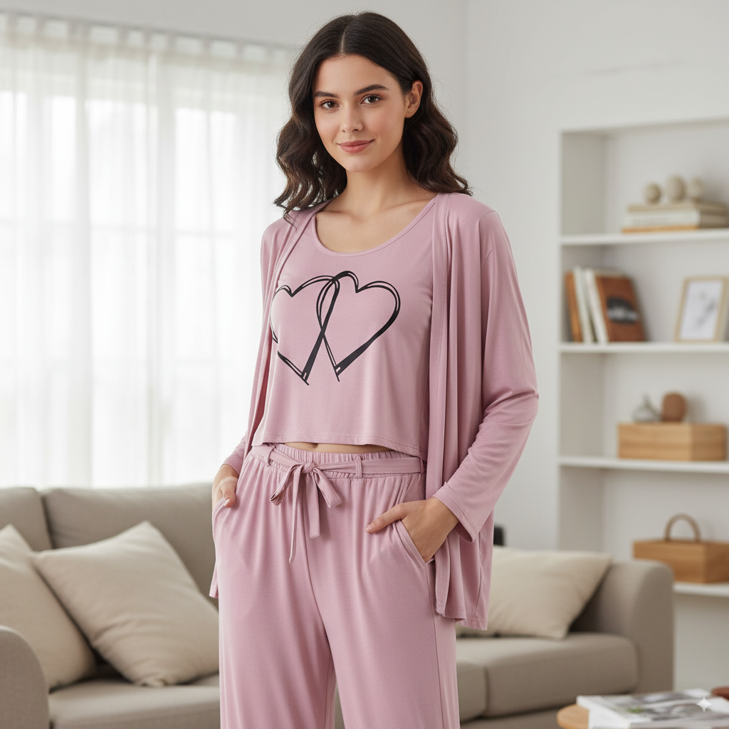 Heart Print 3pc Night Suit