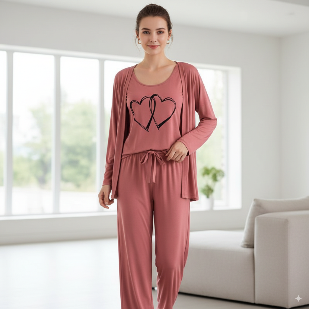 Heart Print 3pc Night Suit