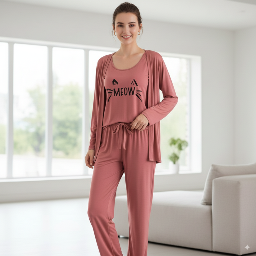 Meow Cat Print Night Suit