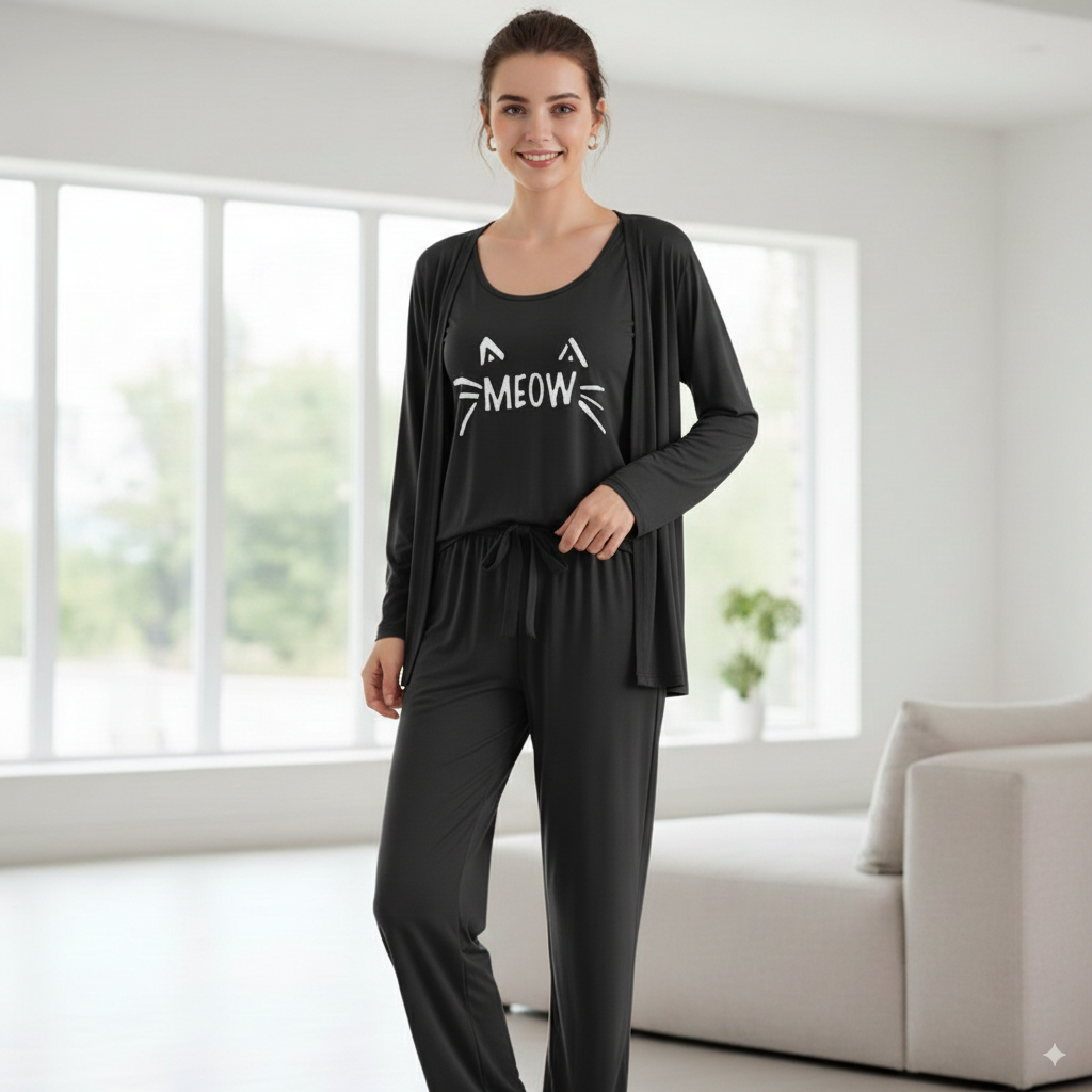 Meow Cat Print Night Suit
