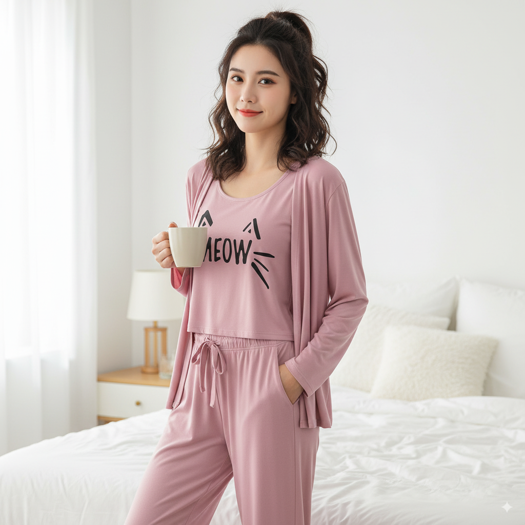 Meow Cat Print Night Suit