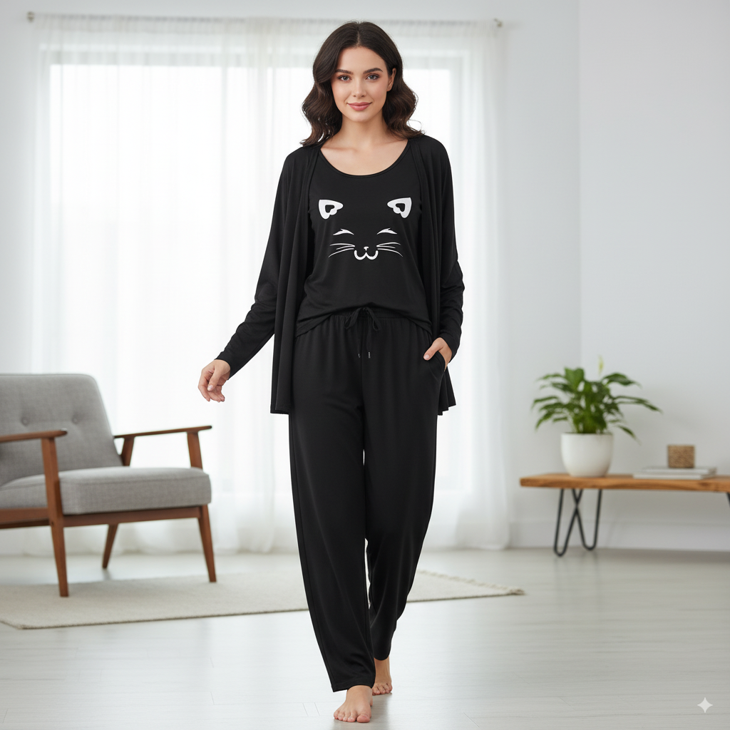 Cat Face Print 3pc Night Suit