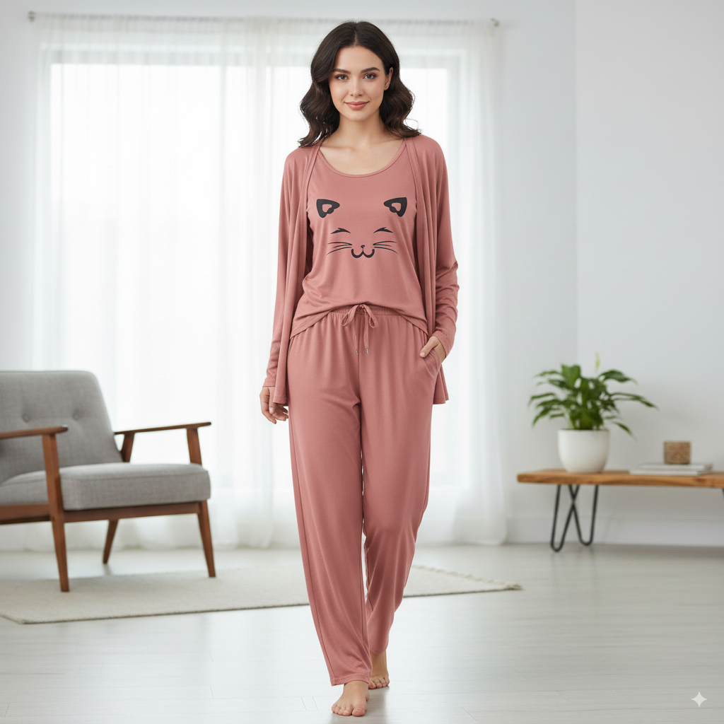 Cat Face Print 3pc Night Suit