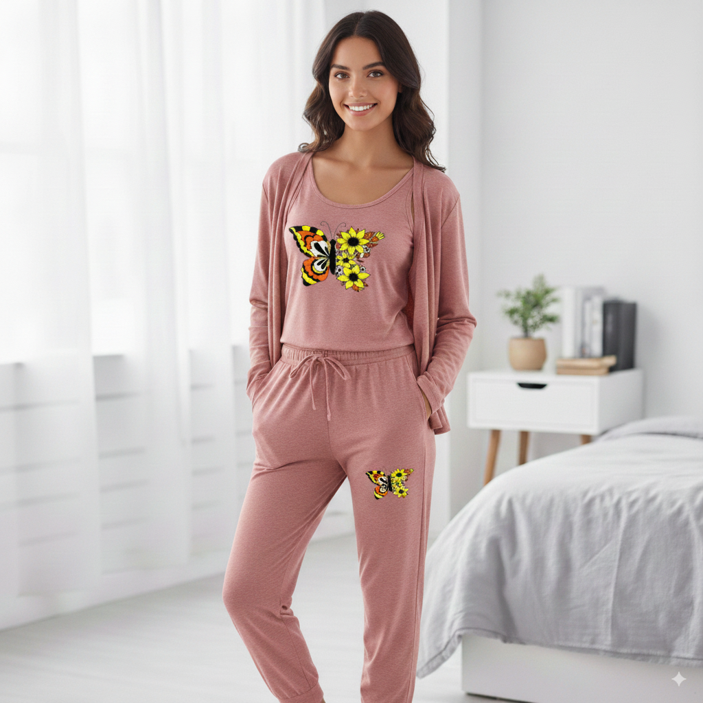 Summer Cotton 3PC Night Suit – Yellow Floral Print