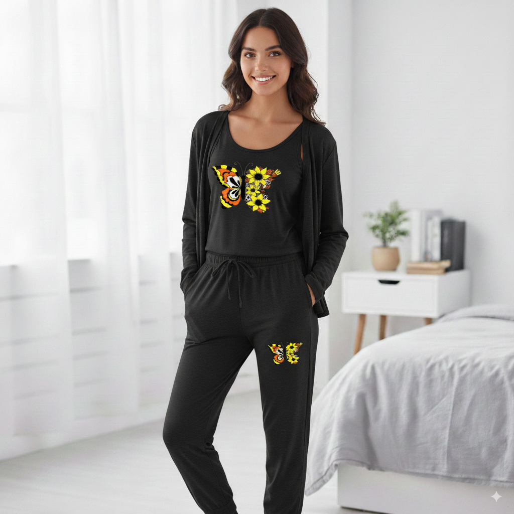 Summer Cotton 3PC Night Suit – Yellow Floral Print