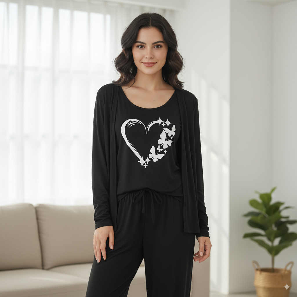 Summer Cotton 3PC Night Suit – Heart & Butterfly Print