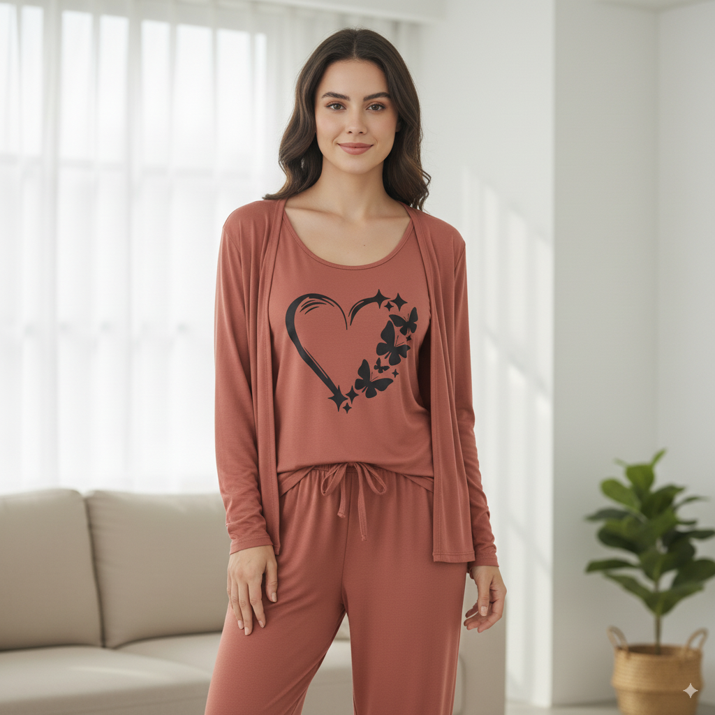 Summer Cotton 3PC Night Suit – Heart & Butterfly Print
