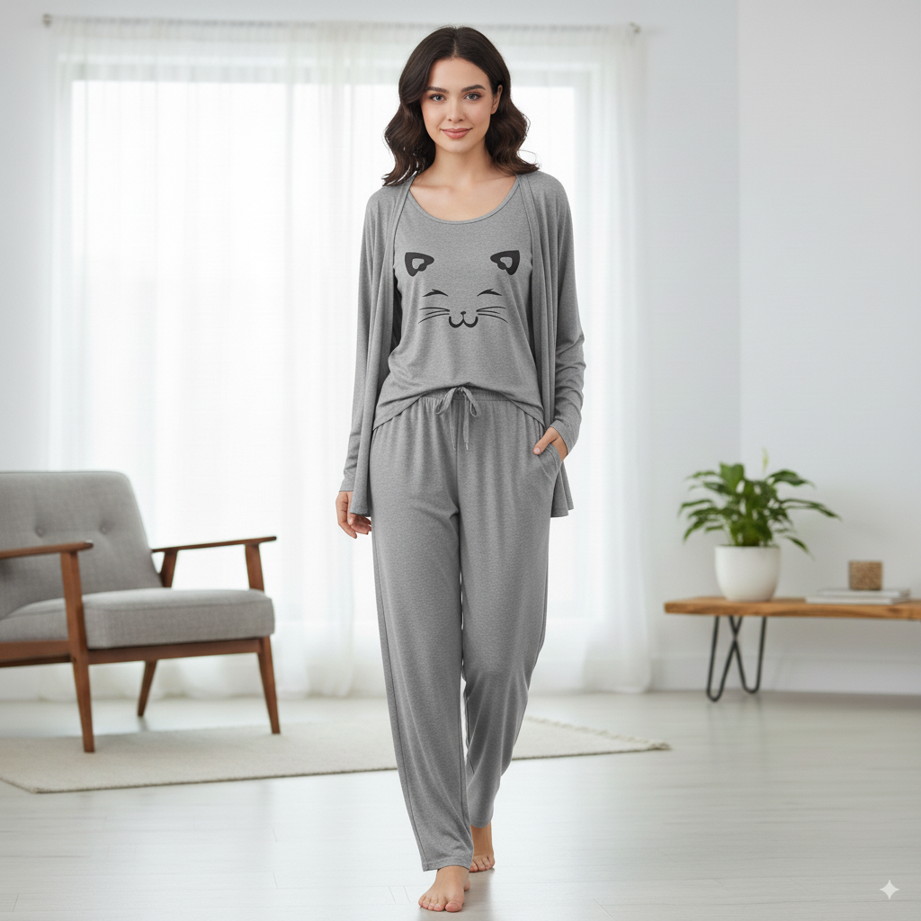 Cat Face Print 3pc Night Suit