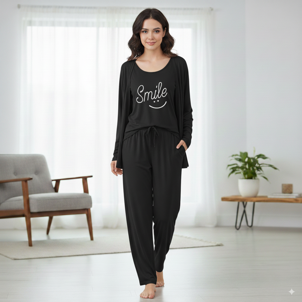 Smile Print 3pc Night Suit (Navy Blue)