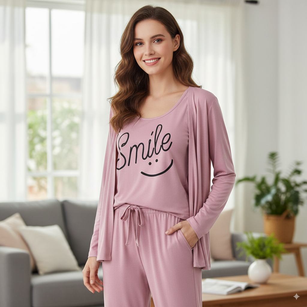 Smile Print 3pc Night Suit (Navy Blue)