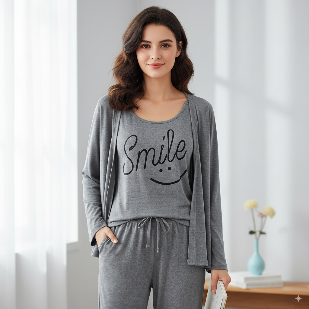 Smile Print 3pc Night Suit (Navy Blue)