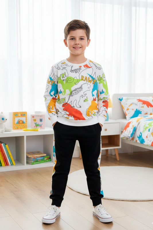 Colorful Dinosaur Winter Tracksuit for Boys | Cozy Double Fleece