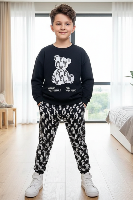 Trendy Black Bear Printed Winter Outfit for Boys | Warm Double Fleece (1-10 Years)
