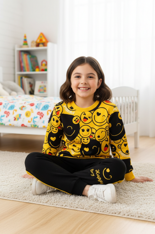 Smiley Print Kids Winter Outfit | Fun Fleece Sweatshirt & Pants
