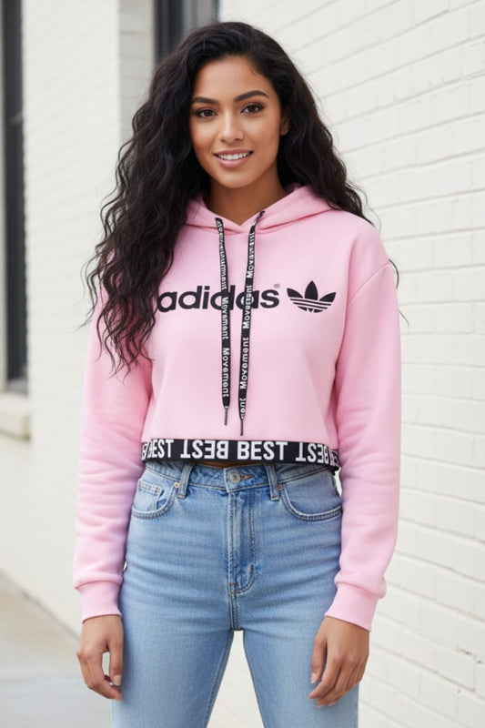 Pink Crop Style Fleece Hoodie – Adidas Inspired (Winter Wear)