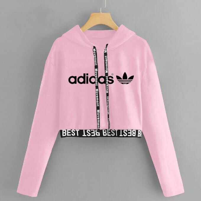Pink Crop Style Fleece Hoodie – Adidas Inspired (Winter Wear)