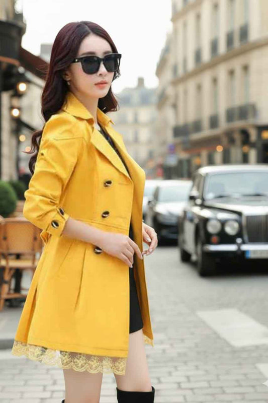 Women Mustard Yellow Trench Fleece Coat – Elegant Winter Style