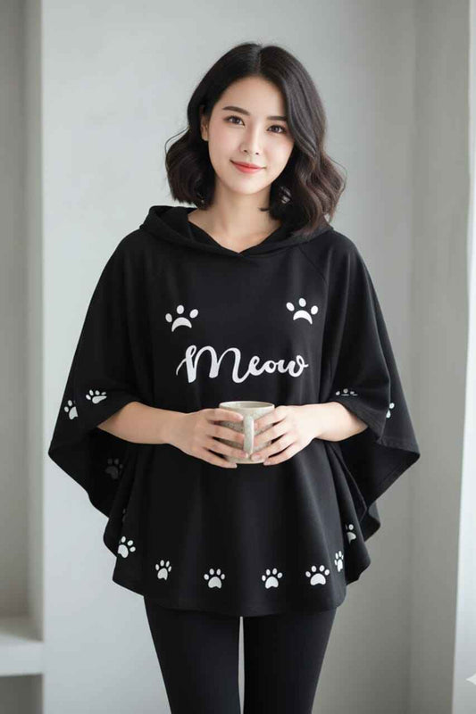 Round Style "Meow" Hooded Poncho – Double Fleece, Free Size for Women