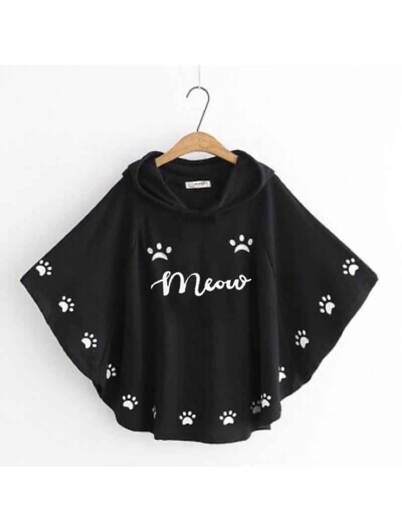 Round Style "Meow" Hooded Poncho – Double Fleece, Free Size for Women