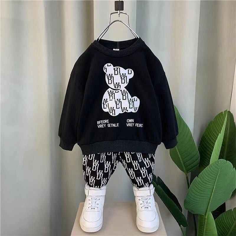 Trendy Black Bear Printed Winter Outfit for Boys | Warm Double Fleece (1-10 Years)