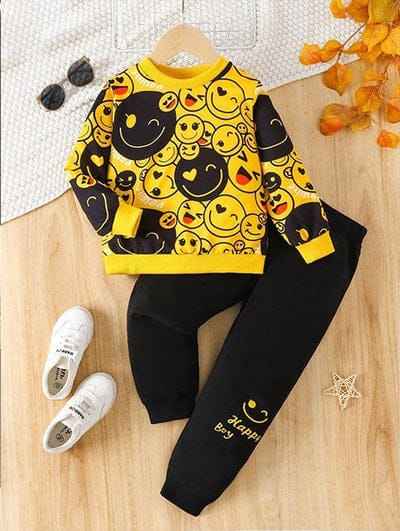 Smiley Print Kids Winter Outfit | Fun Fleece Sweatshirt & Pants