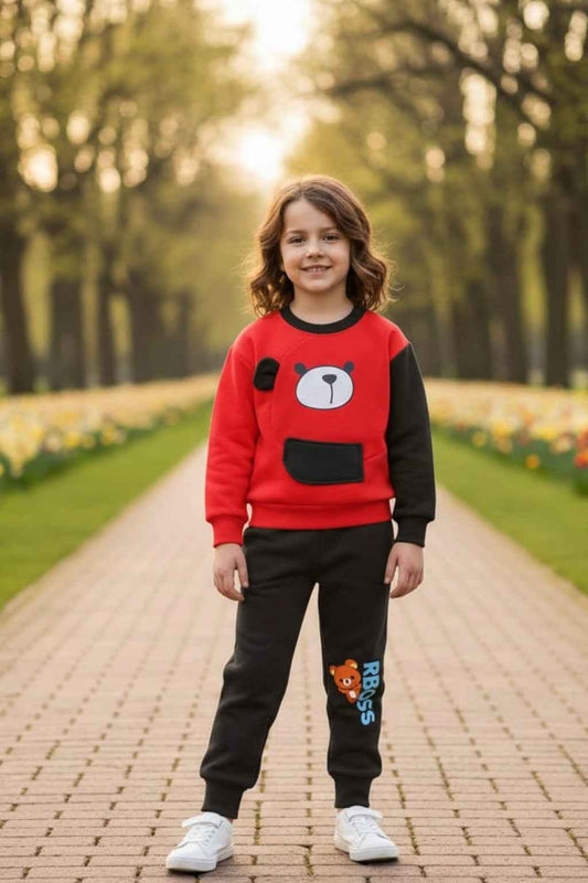 Kids Sweatshirt Set Red Black Toddler Boys Girls Outfit with Cute Bear Design