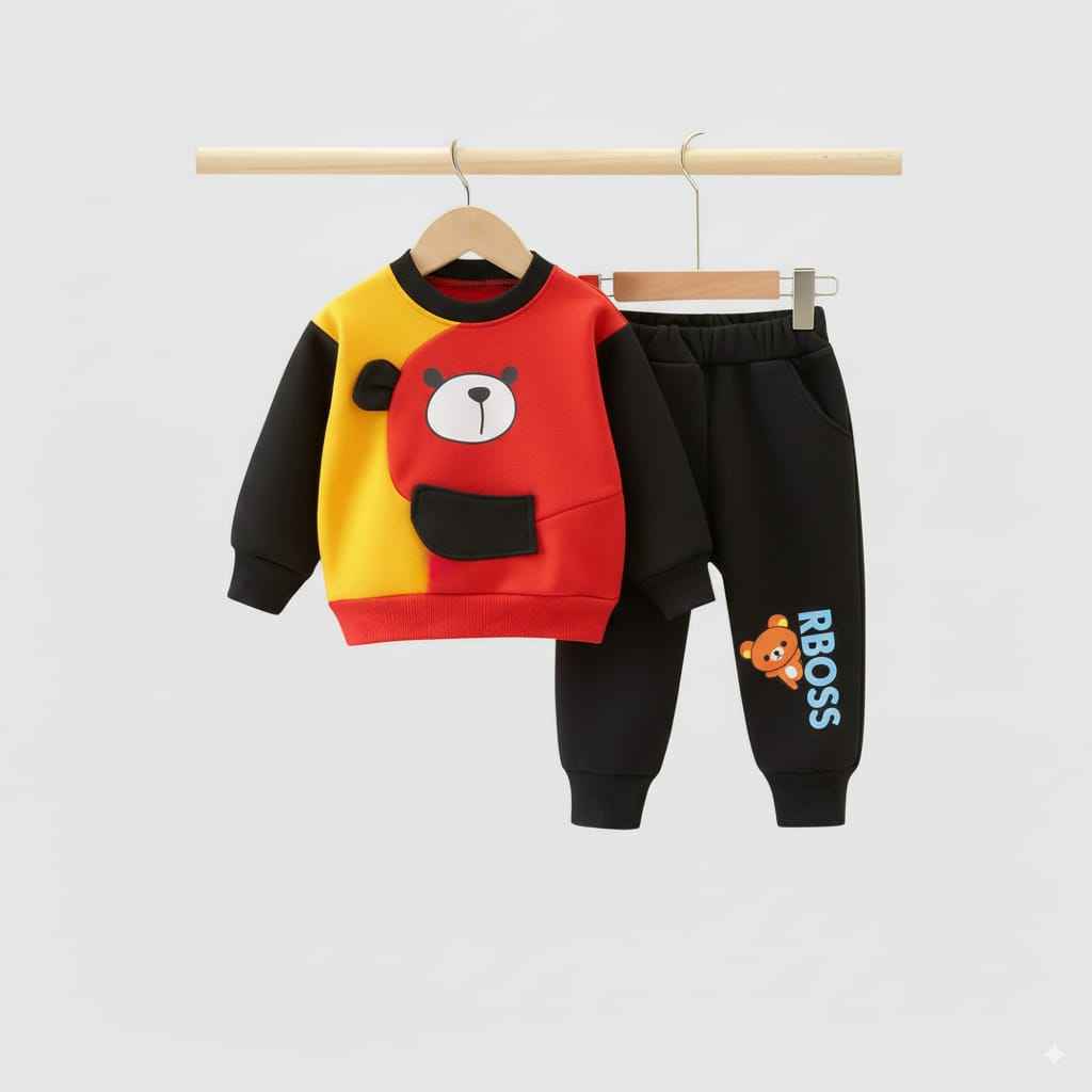 Kids Sweatshirt Set Red Black Toddler Boys Girls Outfit with Cute Bear Design