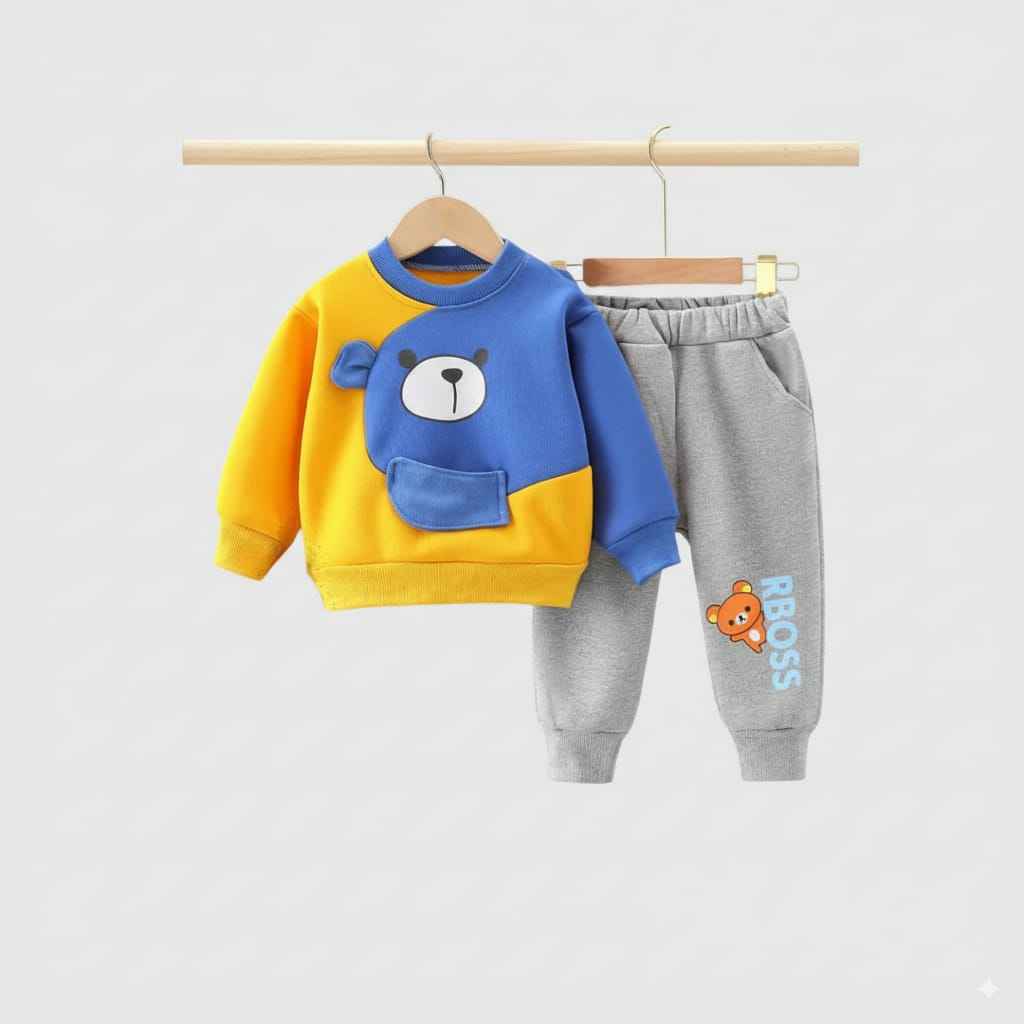 Kids Sweatshirt Set Blue Yellow Toddler Boys Girls Tracksuit with Bear Print