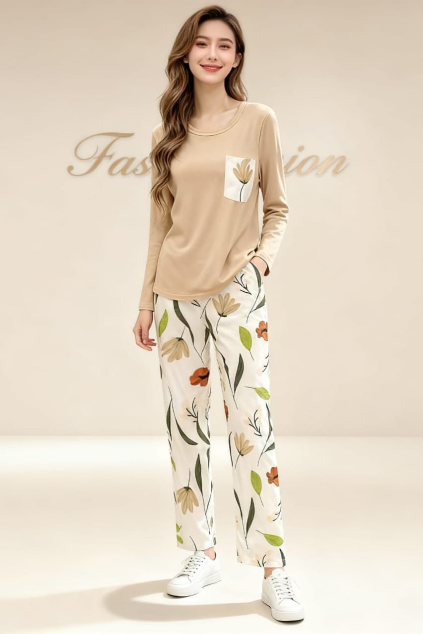 Women’s Night Suit – Soft Jersey Sleepwear Green Floral Loungewear Set