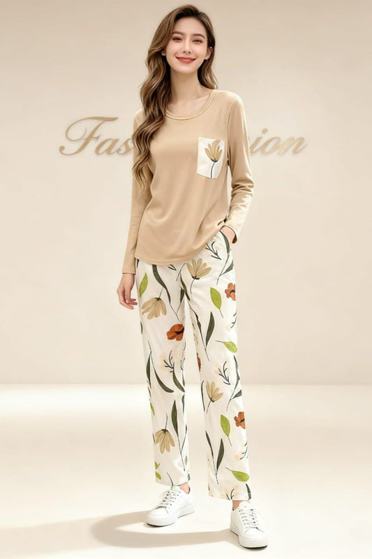 Women’s Night Suit – Soft Jersey Sleepwear Green Floral Loungewear Set