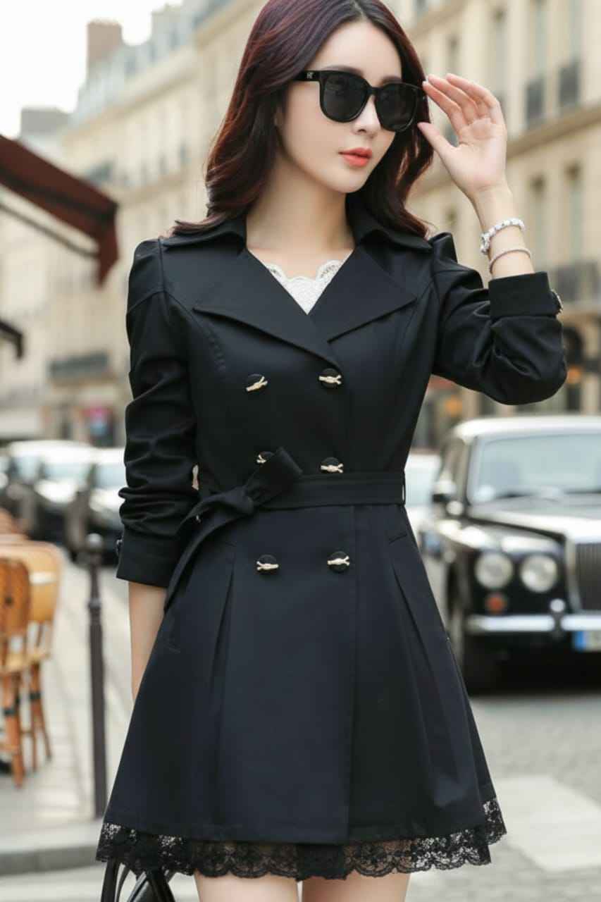 Women Black Trench Fleece Coat – Classic Winter Elegance