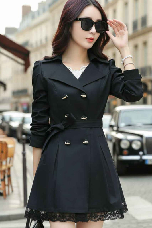 Women Black Trench Fleece Coat – Classic Winter Elegance