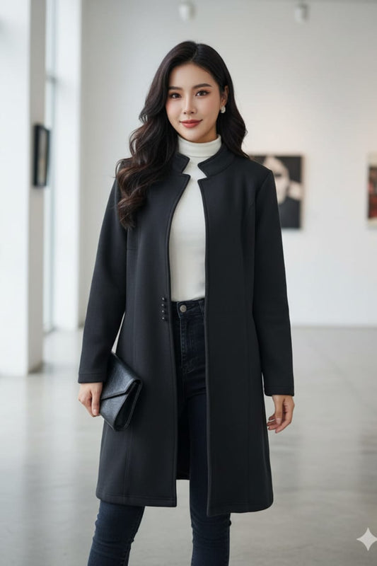 Women Classic Black Long Fleece Coat – Stylish & Warm