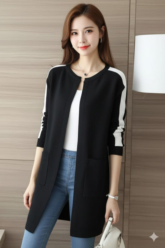 Women Black Stripe Style Fleece Coat