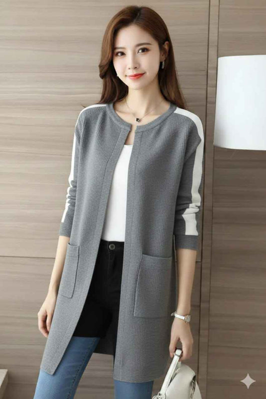 Women Grey Stripe Style Fleece Coat (Copy)