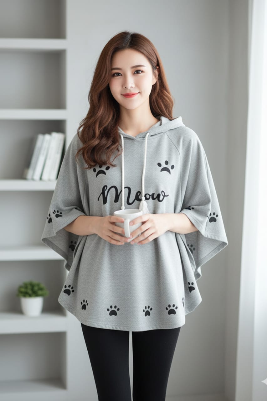 Round Style "Meow" Hooded Poncho – Double Fleece, Free Size for Women