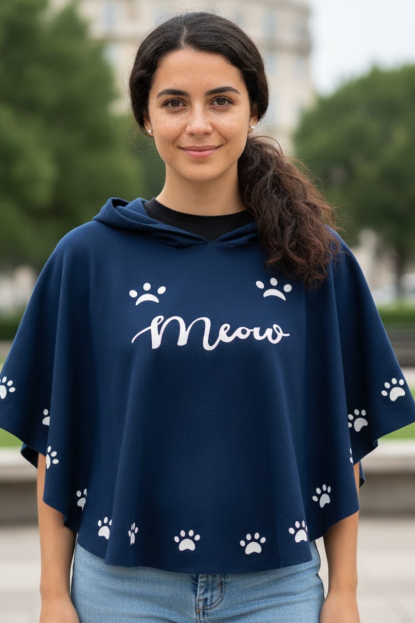 Round Style "Meow" Hooded Poncho – Double Fleece, Free Size for Women