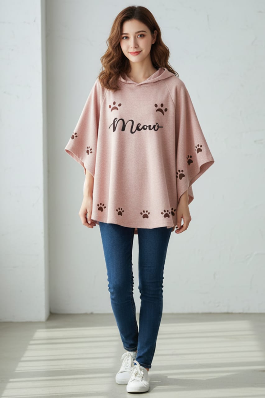 Round Style "Meow" Hooded Poncho – Double Fleece, Free Size for Women