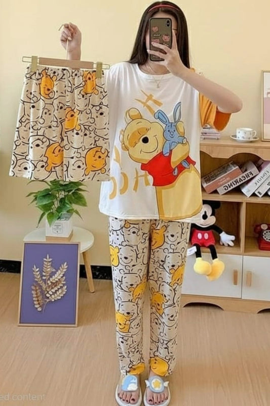 Adorable Cartoon Night Suit Set – T-Shirt, Pajama & Shorts (Soft Jersey)